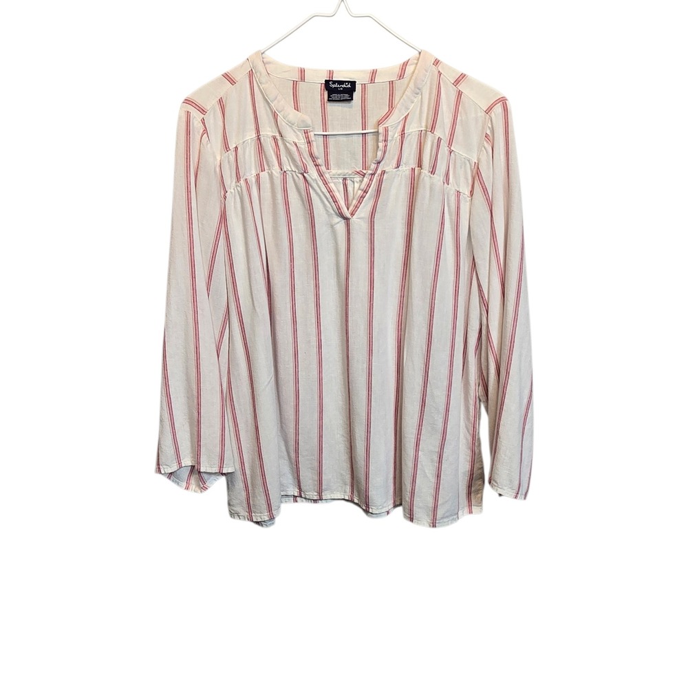 Splendid Striped Blouse‎ Womens Large White Red Split Neck Long Sleeve Boho Top